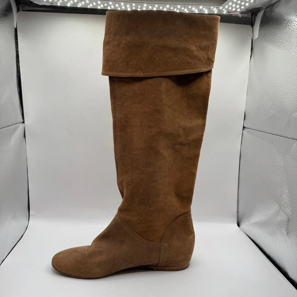 Over The Knee Boots Womens 38 Tan Brown Leather Flat Fold Over Cuff Italy